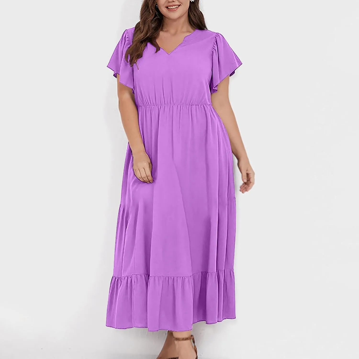Sundresses for Women Short Sleeve V Neck Plus Size Summer Midi Dresses Ruffle Hem Flowy Swing Boho Dress with Pockets