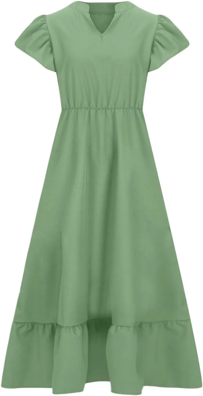 Sundresses for Women Short Sleeve V Neck Plus Size Summer Midi Dresses Ruffle Hem Flowy Swing Boho Dress with Pockets
