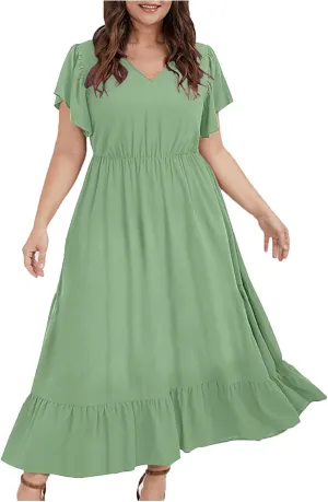 Sundresses for Women Short Sleeve V Neck Plus Size Summer Midi Dresses Ruffle Hem Flowy Swing Boho Dress with Pockets