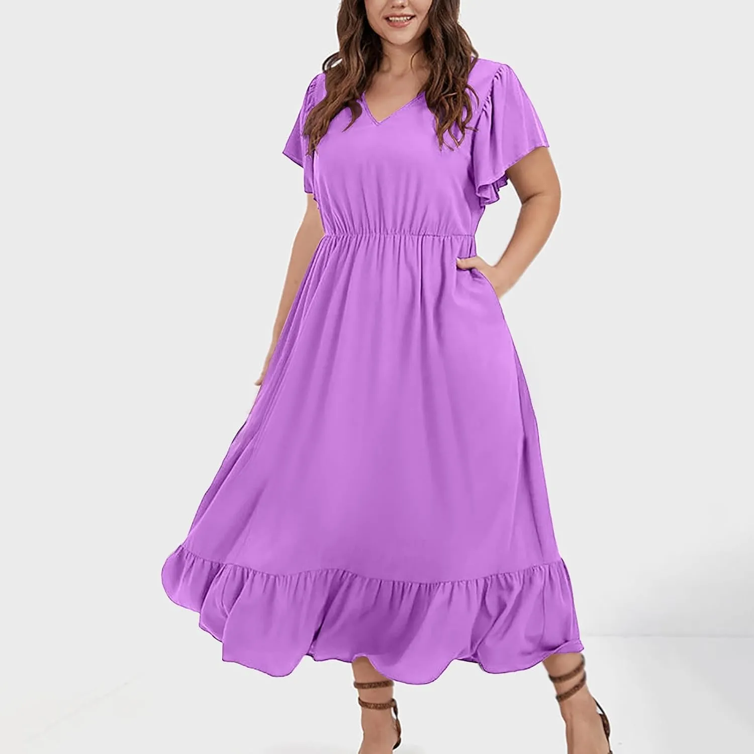 Sundresses for Women Short Sleeve V Neck Plus Size Summer Midi Dresses Ruffle Hem Flowy Swing Boho Dress with Pockets