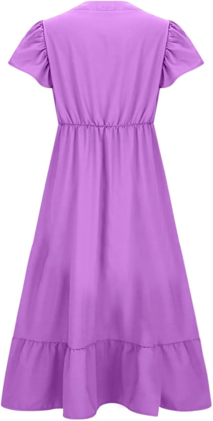 Sundresses for Women Short Sleeve V Neck Plus Size Summer Midi Dresses Ruffle Hem Flowy Swing Boho Dress with Pockets