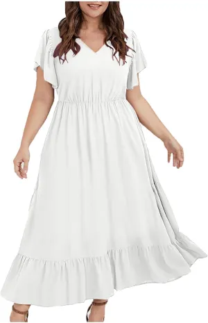 Sundresses for Women Short Sleeve V Neck Plus Size Summer Midi Dresses Ruffle Hem Flowy Swing Boho Dress with Pockets