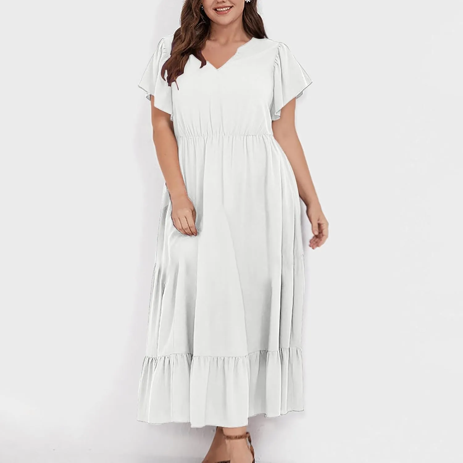 Sundresses for Women Short Sleeve V Neck Plus Size Summer Midi Dresses Ruffle Hem Flowy Swing Boho Dress with Pockets