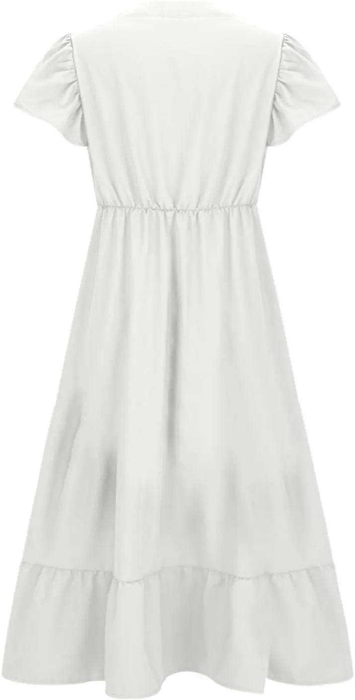 Sundresses for Women Short Sleeve V Neck Plus Size Summer Midi Dresses Ruffle Hem Flowy Swing Boho Dress with Pockets