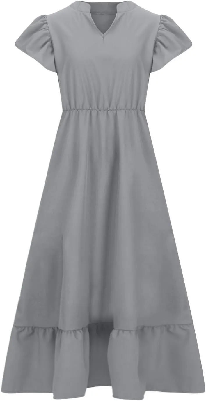 Sundresses for Women Short Sleeve V Neck Plus Size Summer Midi Dresses Ruffle Hem Flowy Swing Boho Dress with Pockets