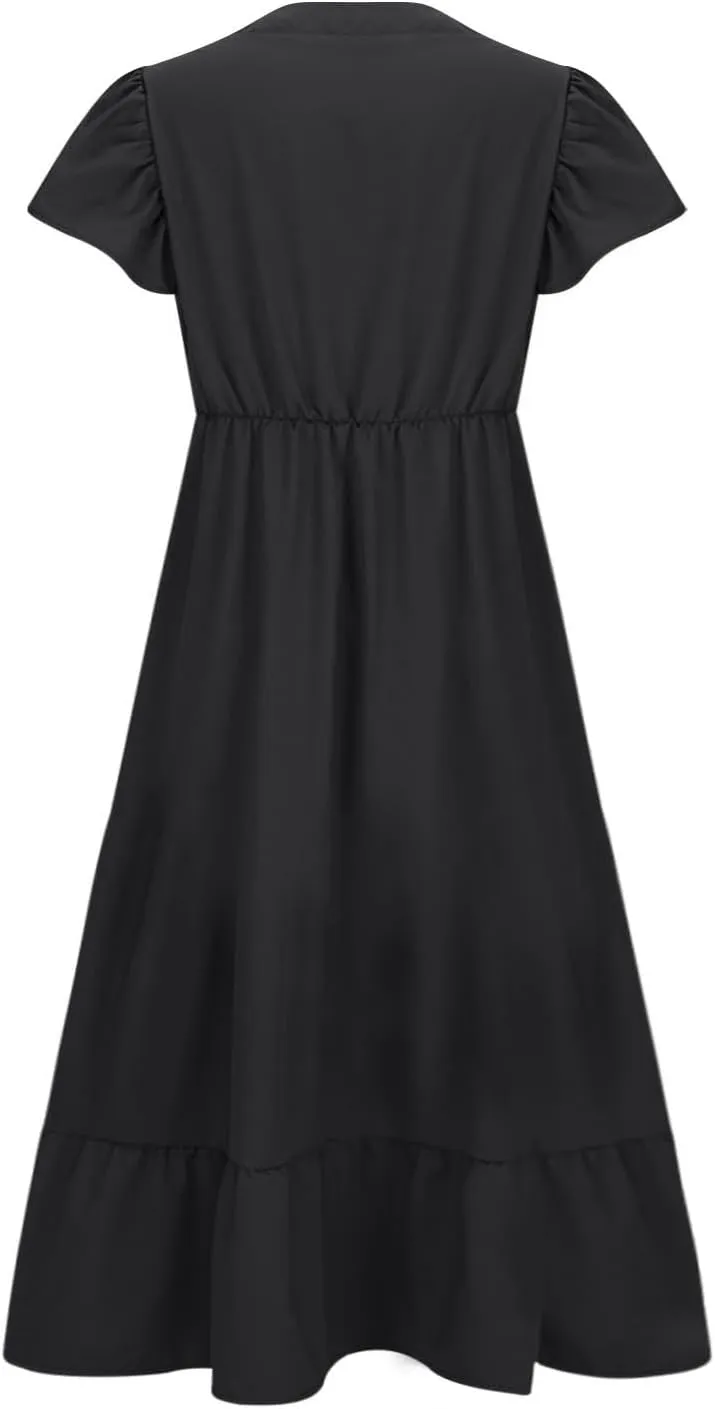 Sundresses for Women Short Sleeve V Neck Plus Size Summer Midi Dresses Ruffle Hem Flowy Swing Boho Dress with Pockets