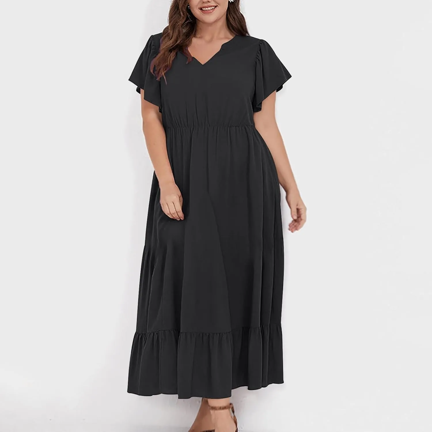 Sundresses for Women Short Sleeve V Neck Plus Size Summer Midi Dresses Ruffle Hem Flowy Swing Boho Dress with Pockets