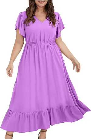 Sundresses for Women Short Sleeve V Neck Plus Size Summer Midi Dresses Ruffle Hem Flowy Swing Boho Dress with Pockets