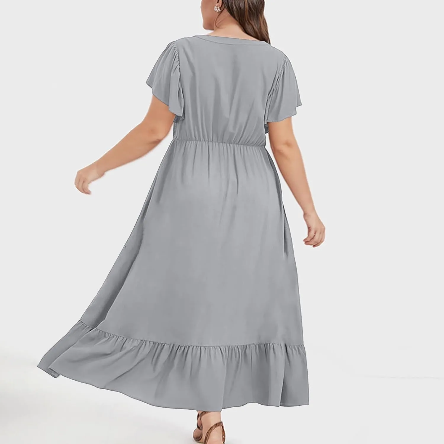 Sundresses for Women Short Sleeve V Neck Plus Size Summer Midi Dresses Ruffle Hem Flowy Swing Boho Dress with Pockets