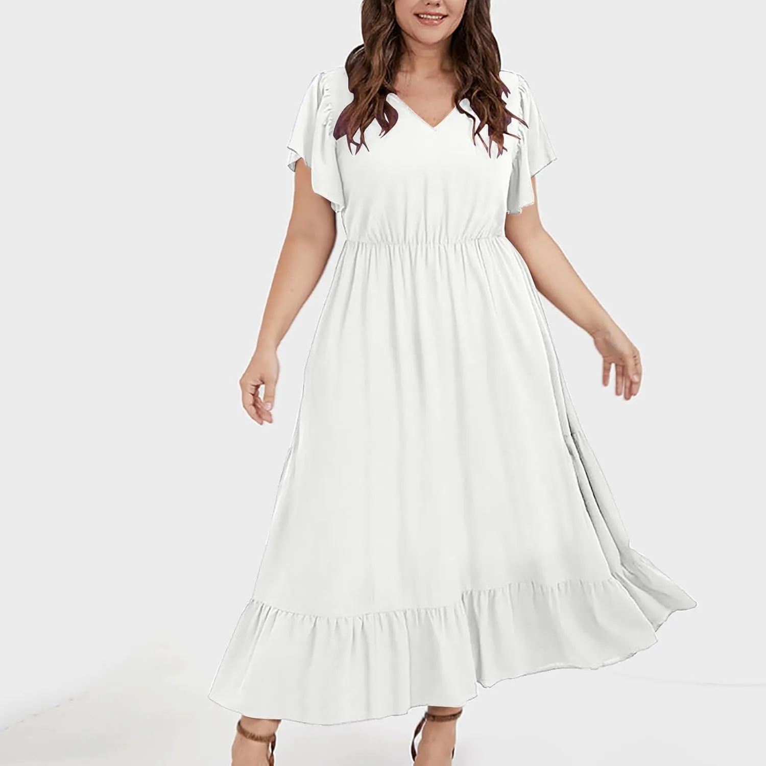 Sundresses for Women Short Sleeve V Neck Plus Size Summer Midi Dresses Ruffle Hem Flowy Swing Boho Dress with Pockets
