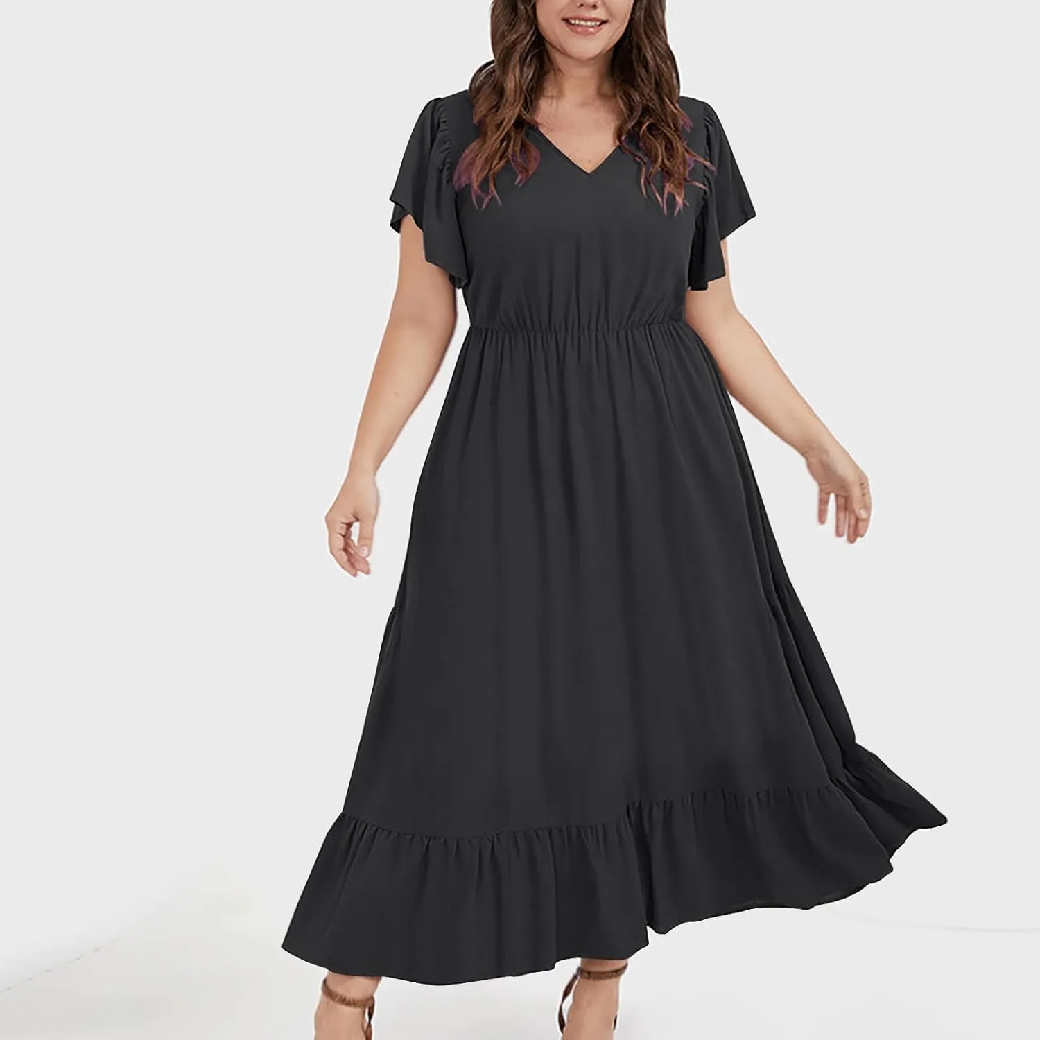Sundresses for Women Short Sleeve V Neck Plus Size Summer Midi Dresses Ruffle Hem Flowy Swing Boho Dress with Pockets