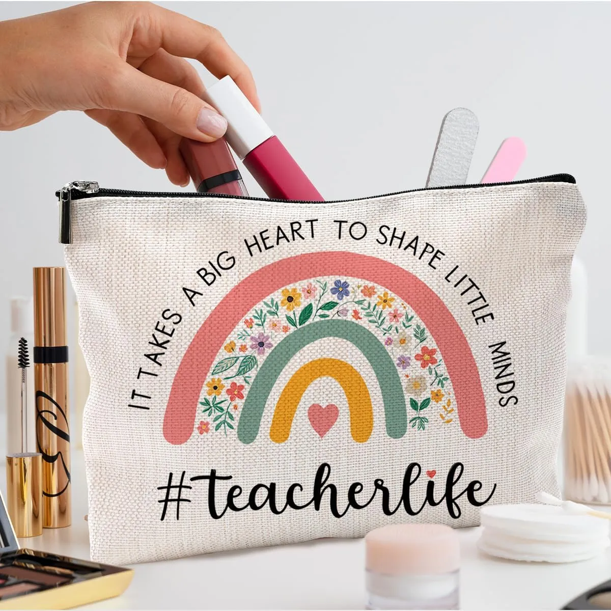 Teacher Appreciation Gifts, Teacher Makeup Bag Gifts for Women, Best Teacher Gifts, Thank You Teacher Gifts, It Takes a Big Heart to Shape Little Minds Teacher Rainbow Cosmetic Bag Makeup Pouch