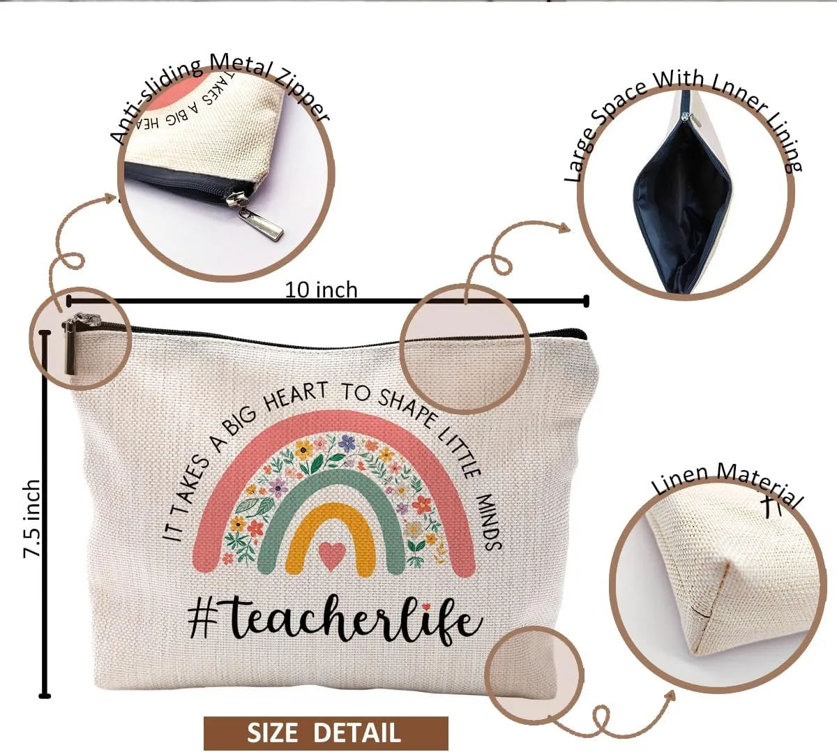 Teacher Appreciation Gifts, Teacher Makeup Bag Gifts for Women, Best Teacher Gifts, Thank You Teacher Gifts, It Takes a Big Heart to Shape Little Minds Teacher Rainbow Cosmetic Bag Makeup Pouch