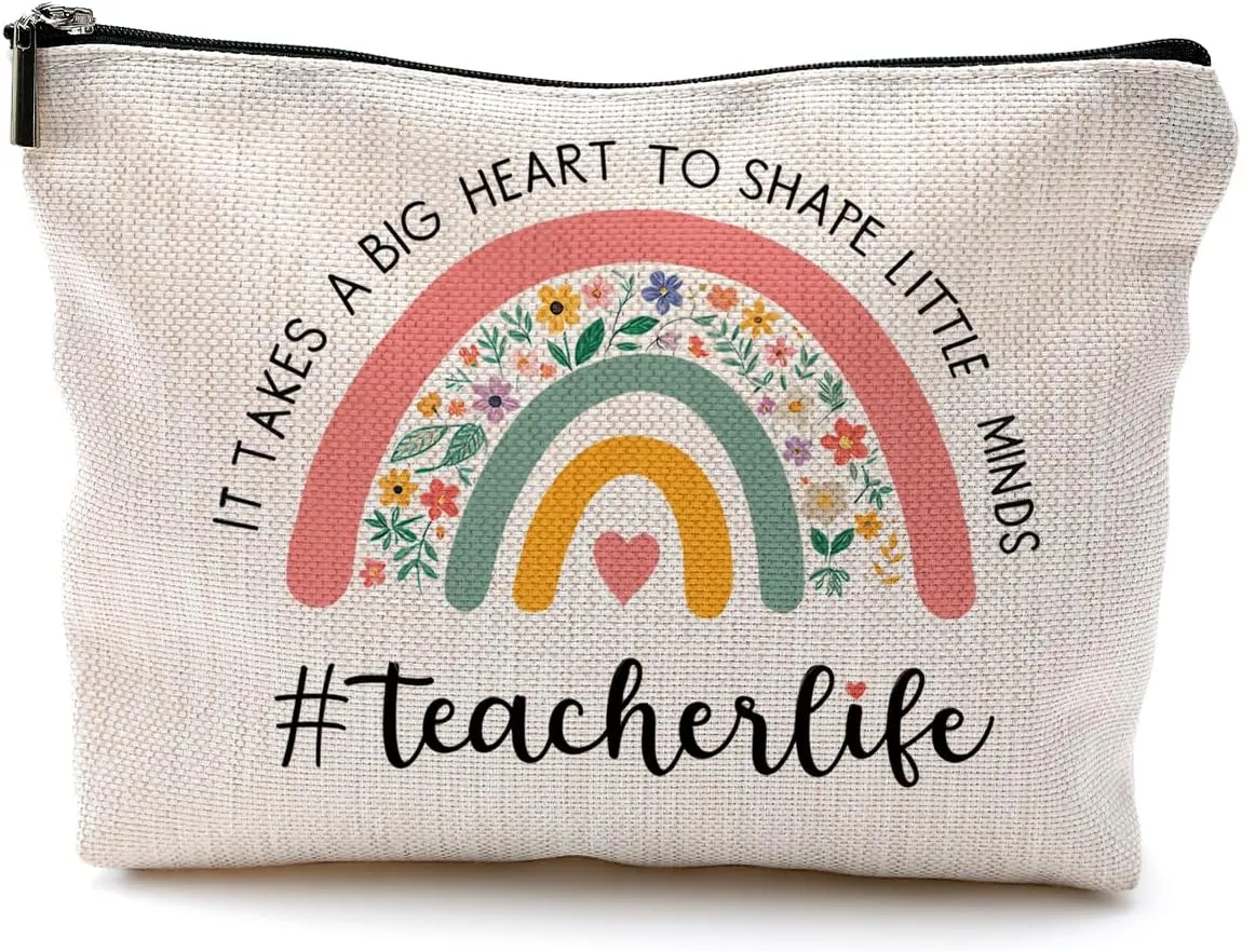 Teacher Appreciation Gifts, Teacher Makeup Bag Gifts for Women, Best Teacher Gifts, Thank You Teacher Gifts, It Takes a Big Heart to Shape Little Minds Teacher Rainbow Cosmetic Bag Makeup Pouch