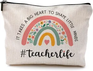 Teacher Appreciation Gifts, Teacher Makeup Bag Gifts for Women, Best Teacher Gifts, Thank You Teacher Gifts, It Takes a Big Heart to Shape Little Minds Teacher Rainbow Cosmetic Bag Makeup Pouch