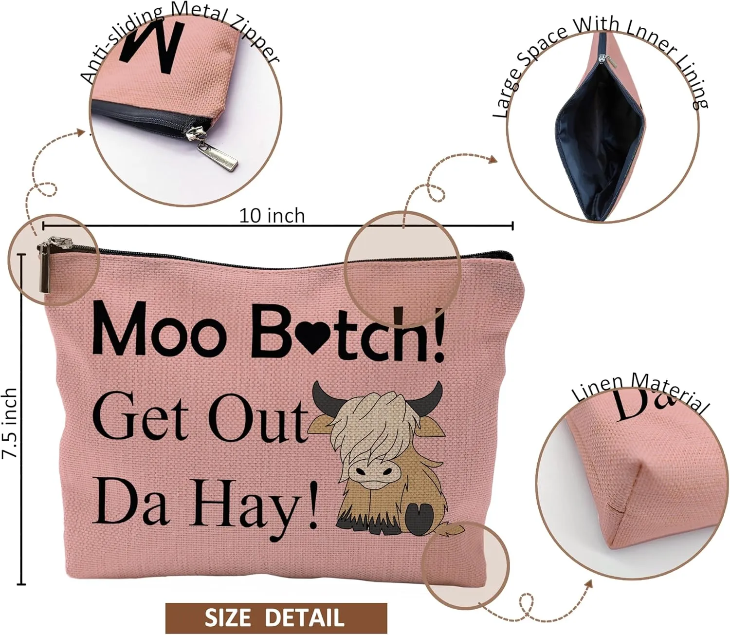 Western Cow Makeup Bag, Pink Cosmetic Bag With Zipper, Gifts for Cow Lovers and Women
