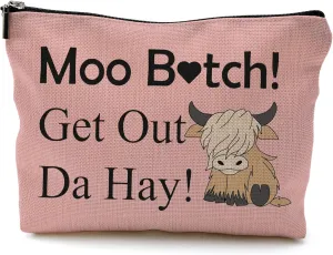 Western Cow Makeup Bag, Pink Cosmetic Bag With Zipper, Gifts for Cow Lovers and Women