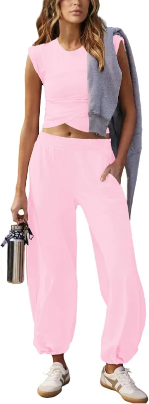 Women 2 Piece Outfit Set Loungewear Cropped Tops and Jogger Sweatpant Matching Set Coordinated Sweatsuit with Pockets