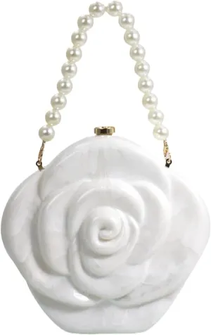 Women Acrylic Rose Evening Handbag Pearl Handheld Novelty Purse Flower Crossbody Shoulder Wedding Clutch Bag