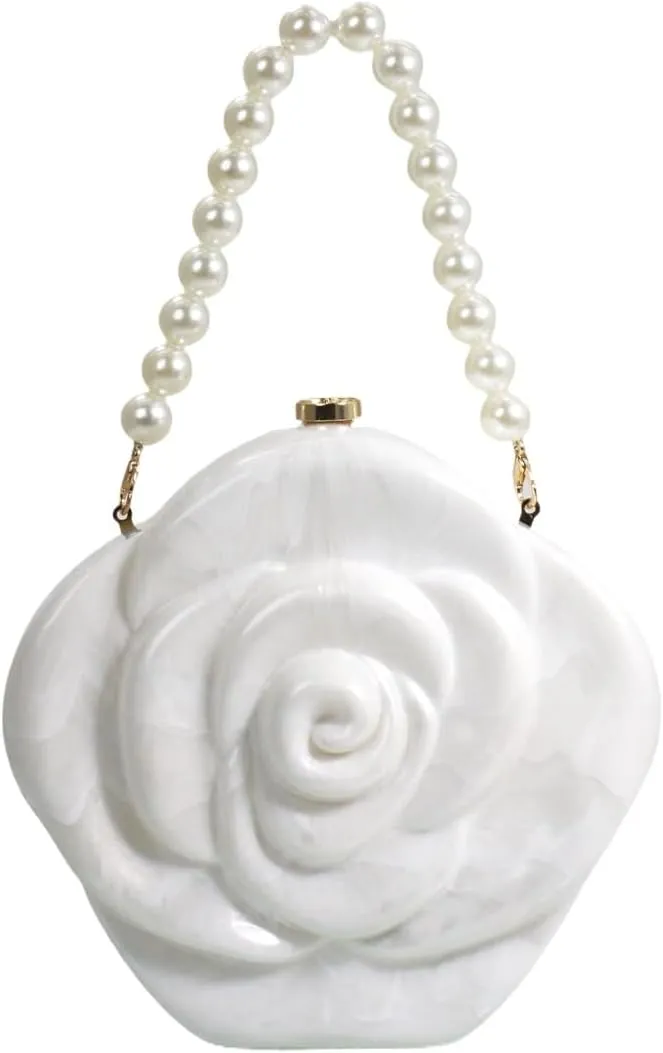 Women Acrylic Rose Evening Handbag Pearl Handheld Novelty Purse Flower Crossbody Shoulder Wedding Clutch Bag
