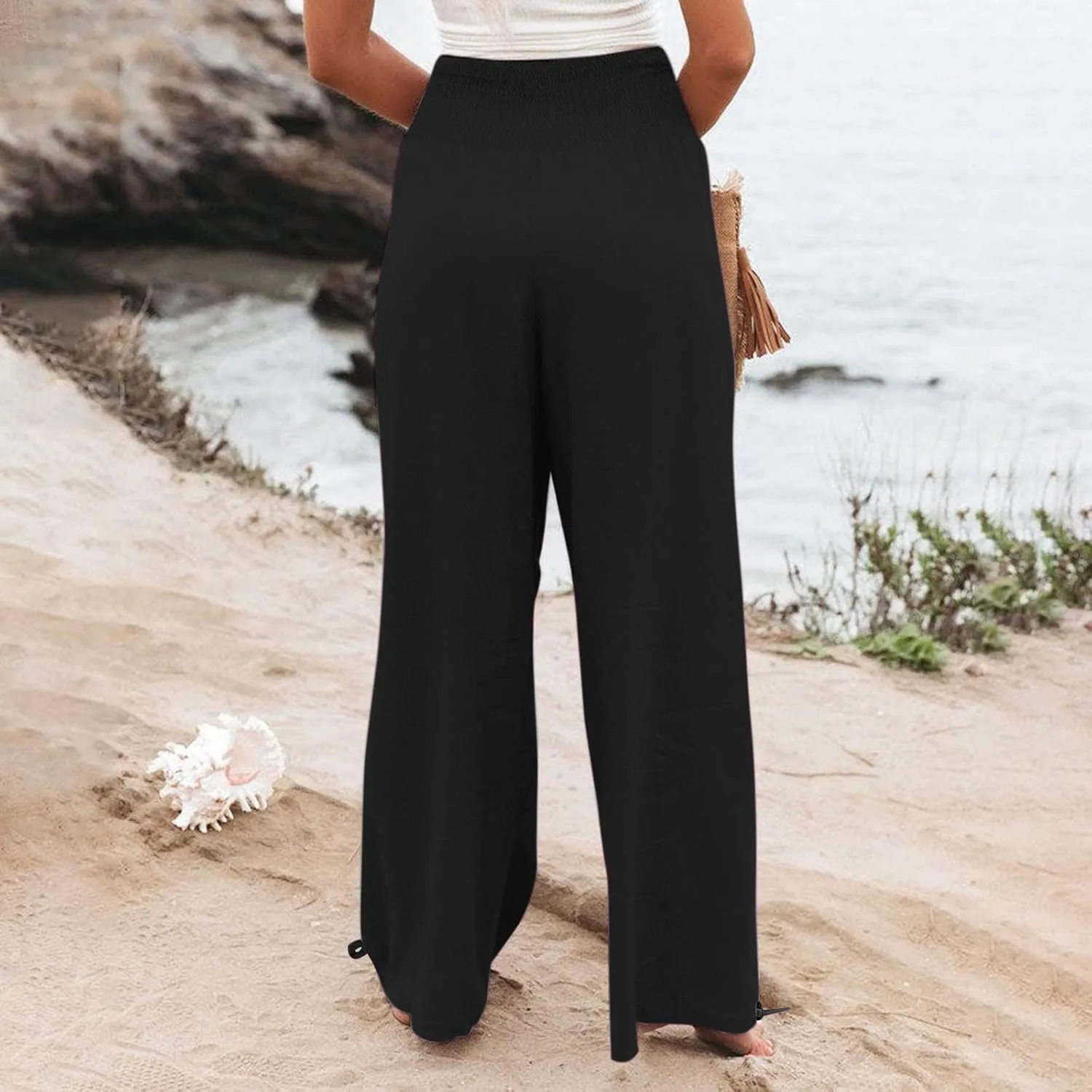 Women's Cotton Linen Summer Fashion Pants Elastic Waist Long Lounge Slim Fit Trouser Trendy