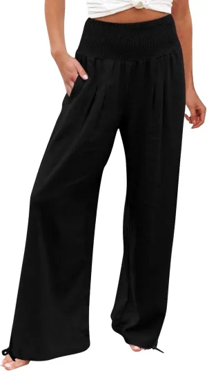 Women's Cotton Linen Summer Fashion Pants Elastic Waist Long Lounge Slim Fit Trouser Trendy
