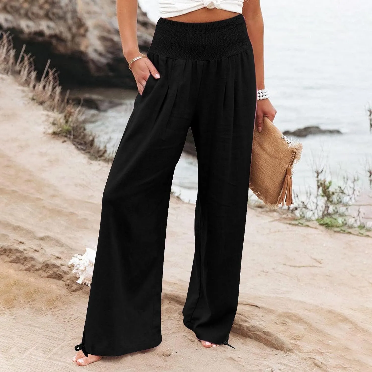 Women's Cotton Linen Summer Fashion Pants Elastic Waist Long Lounge Slim Fit Trouser Trendy