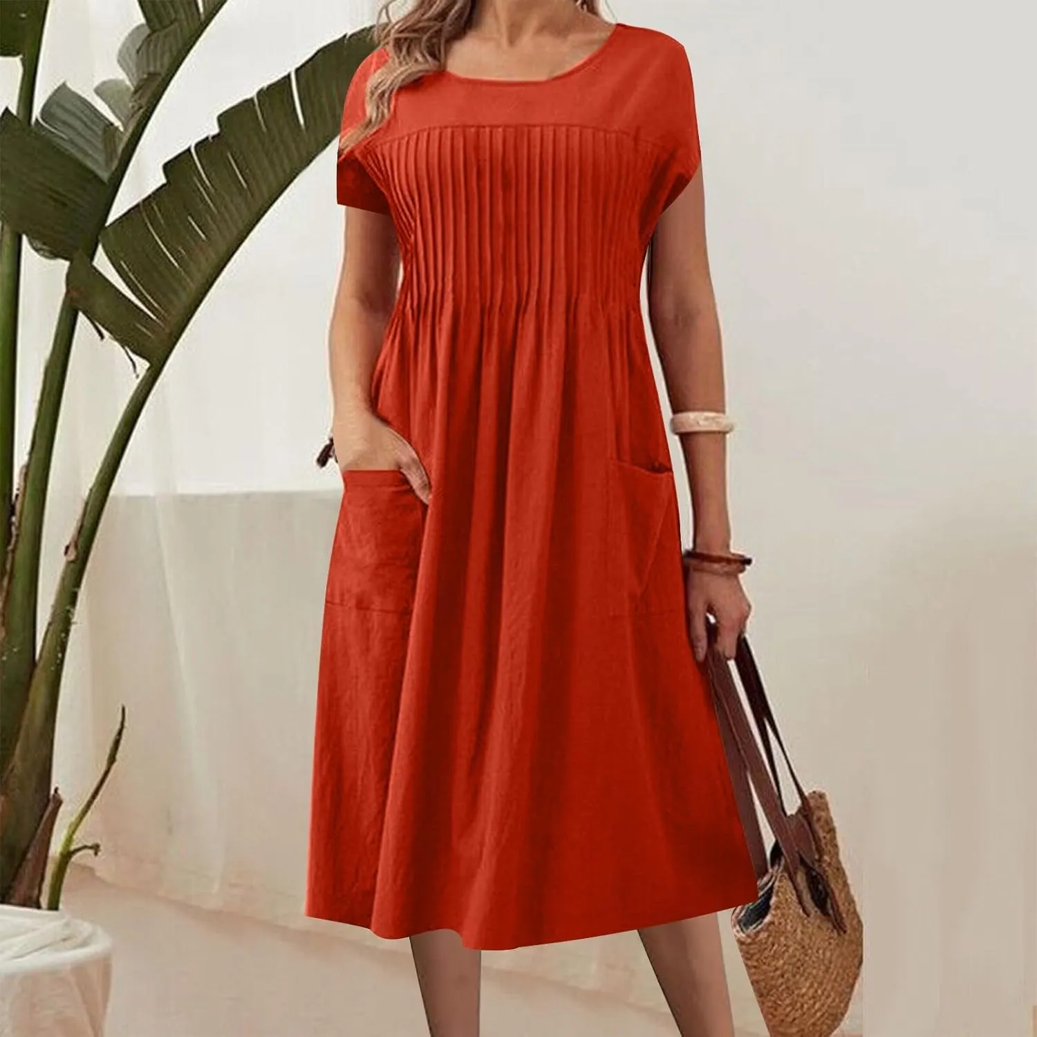 Women's Plus Size Summer Cotton Linen Short Sleeve Pleated Midi Dress Crewneck Casual Flowy Beach Dress with Pockets