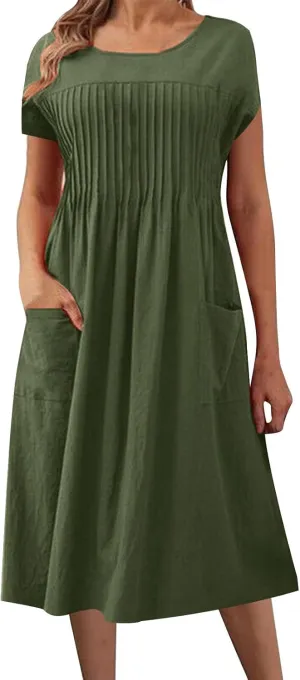 Women's Plus Size Summer Cotton Linen Short Sleeve Pleated Midi Dress Crewneck Casual Flowy Beach Dress with Pockets