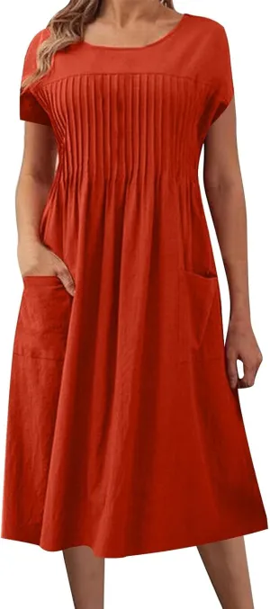 Women's Plus Size Summer Cotton Linen Short Sleeve Pleated Midi Dress Crewneck Casual Flowy Beach Dress with Pockets