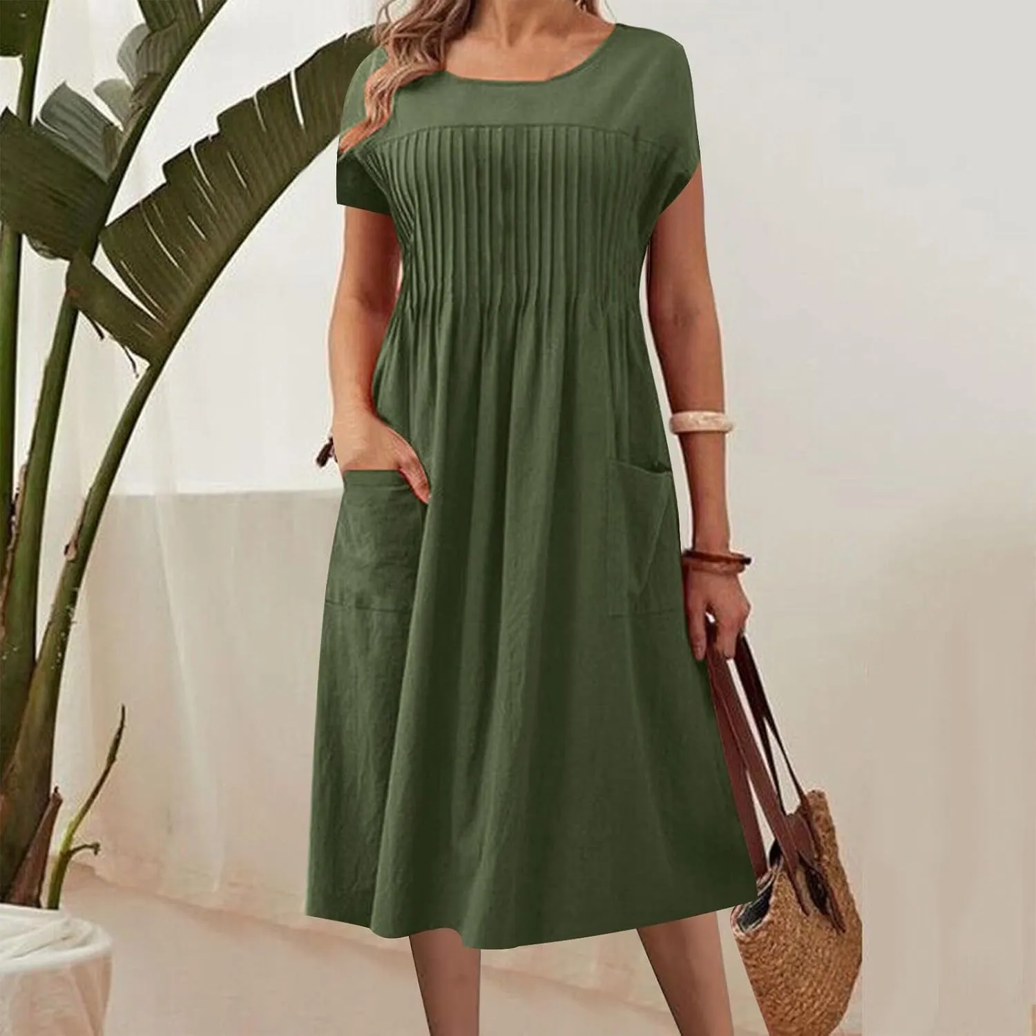 Women's Plus Size Summer Cotton Linen Short Sleeve Pleated Midi Dress Crewneck Casual Flowy Beach Dress with Pockets