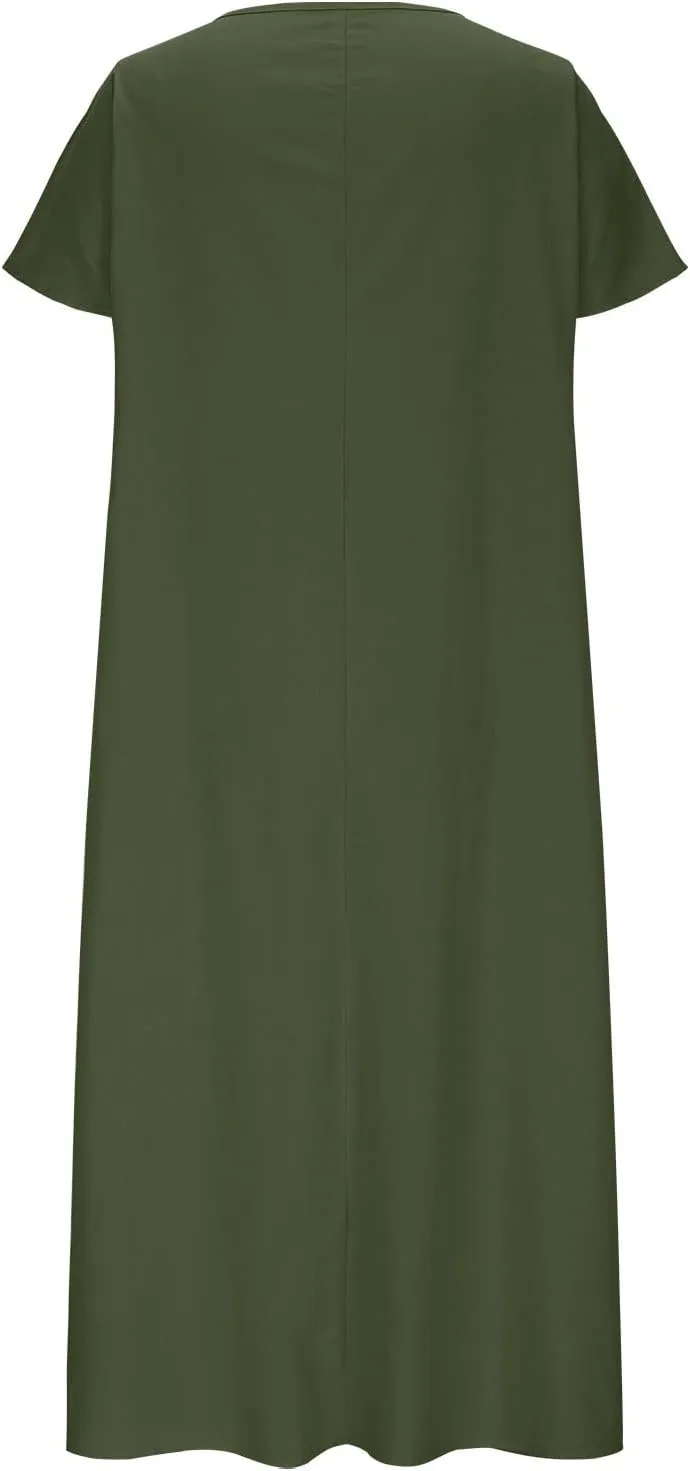 Women's Plus Size Summer Cotton Linen Short Sleeve Pleated Midi Dress Crewneck Casual Flowy Beach Dress with Pockets