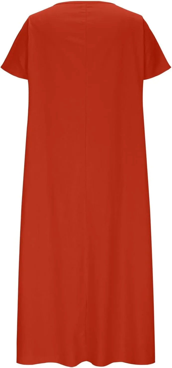 Women's Plus Size Summer Cotton Linen Short Sleeve Pleated Midi Dress Crewneck Casual Flowy Beach Dress with Pockets