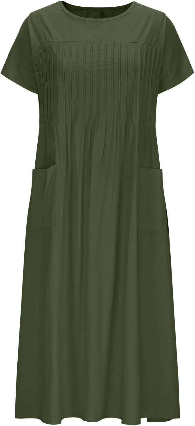 Women's Plus Size Summer Cotton Linen Short Sleeve Pleated Midi Dress Crewneck Casual Flowy Beach Dress with Pockets