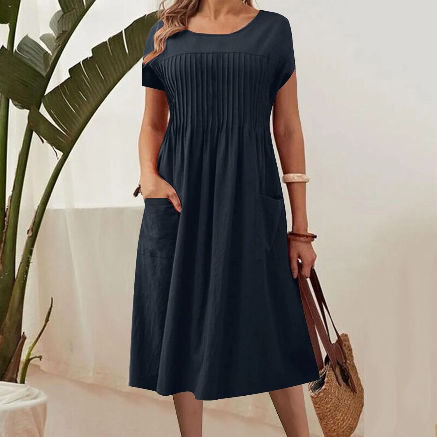 Womens Summer Dresses Cotton Linen Short Sleeve Crewneck Casual Midi Dress Plus Size Pleated Flowy Loose Beach Dress