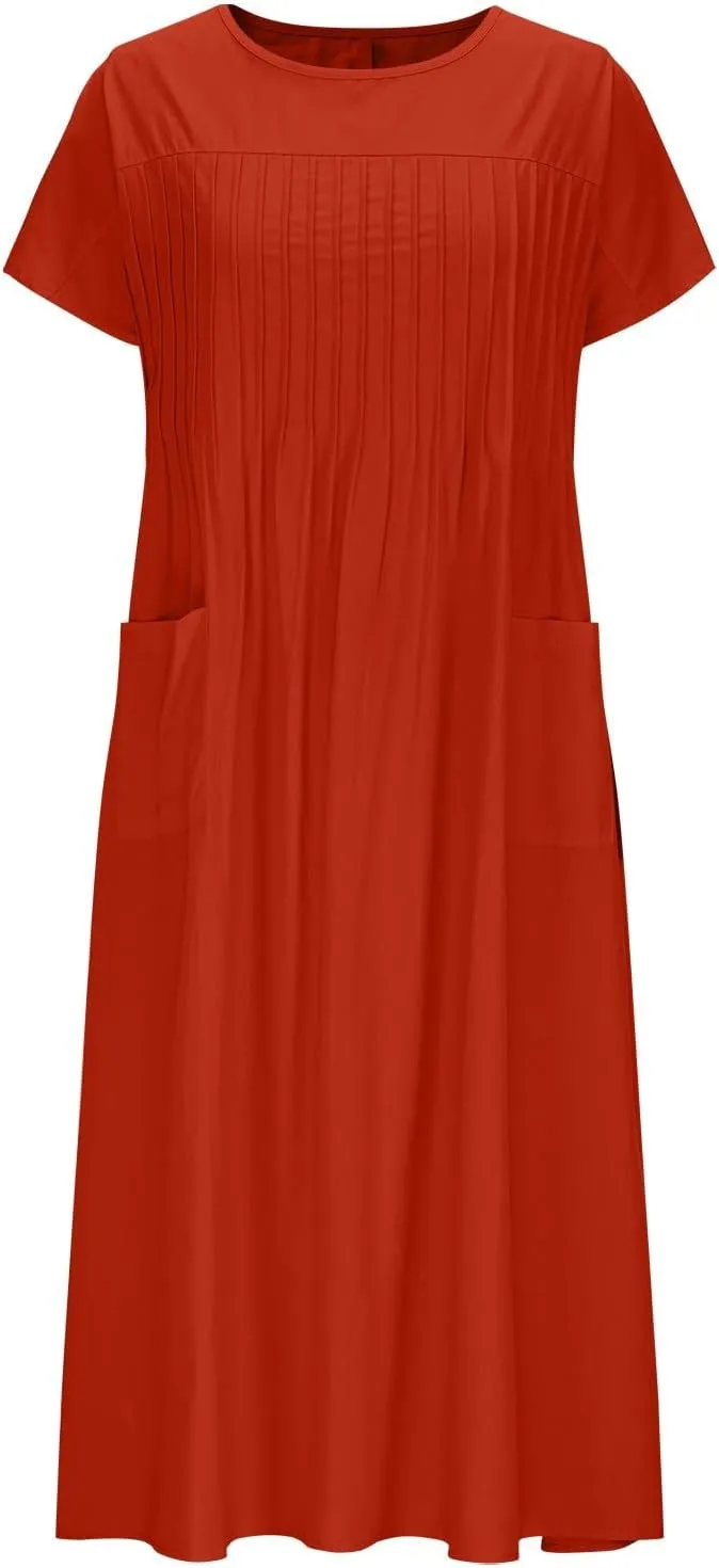 Womens Summer Dresses Cotton Linen Short Sleeve Crewneck Casual Midi Dress Plus Size Pleated Flowy Loose Beach Dress