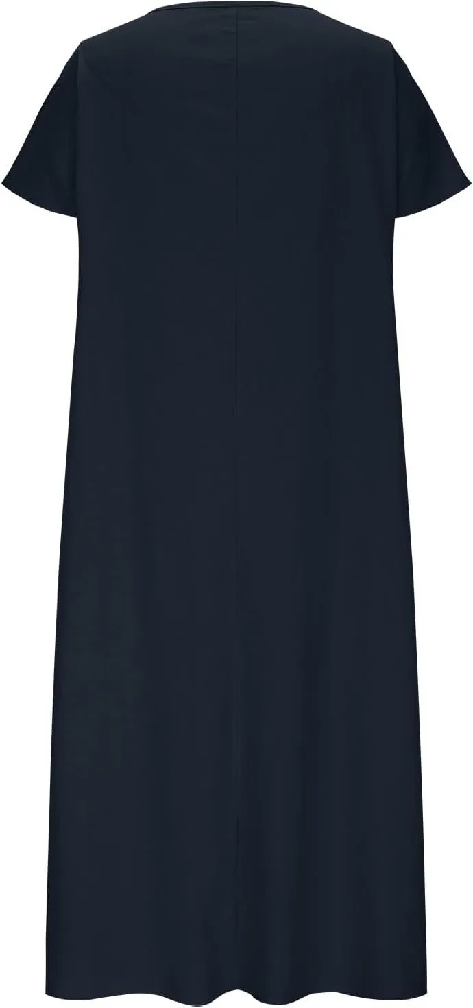 Womens Summer Dresses Cotton Linen Short Sleeve Crewneck Casual Midi Dress Plus Size Pleated Flowy Loose Beach Dress