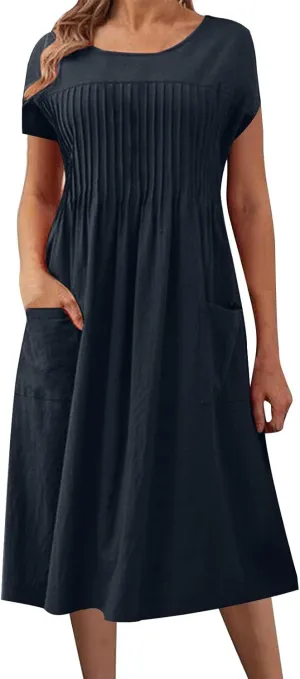Womens Summer Dresses Cotton Linen Short Sleeve Crewneck Casual Midi Dress Plus Size Pleated Flowy Loose Beach Dress