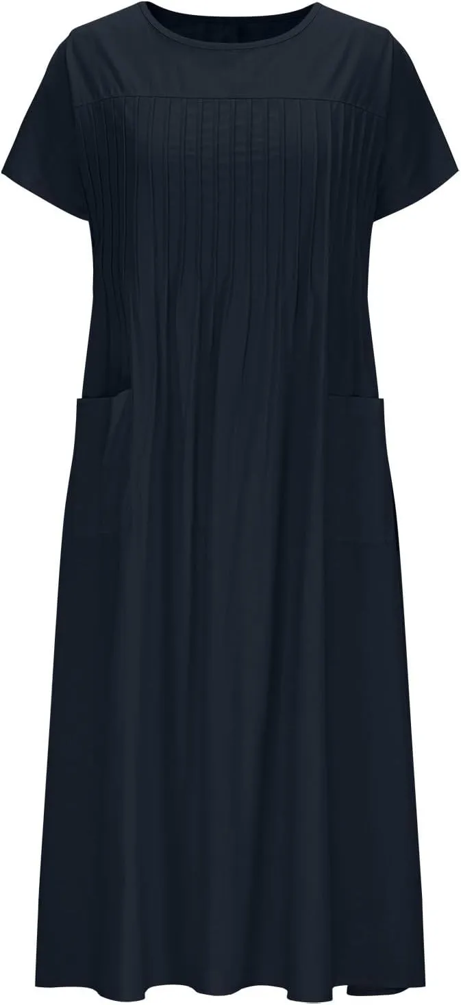 Womens Summer Dresses Cotton Linen Short Sleeve Crewneck Casual Midi Dress Plus Size Pleated Flowy Loose Beach Dress