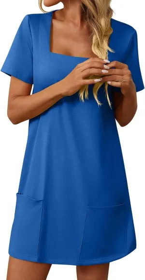Womens T Shirt Dress Solid Color Casual Summer Square Neck Short Sleeve Mini Dresses Beach Outfits with Pockets 2025