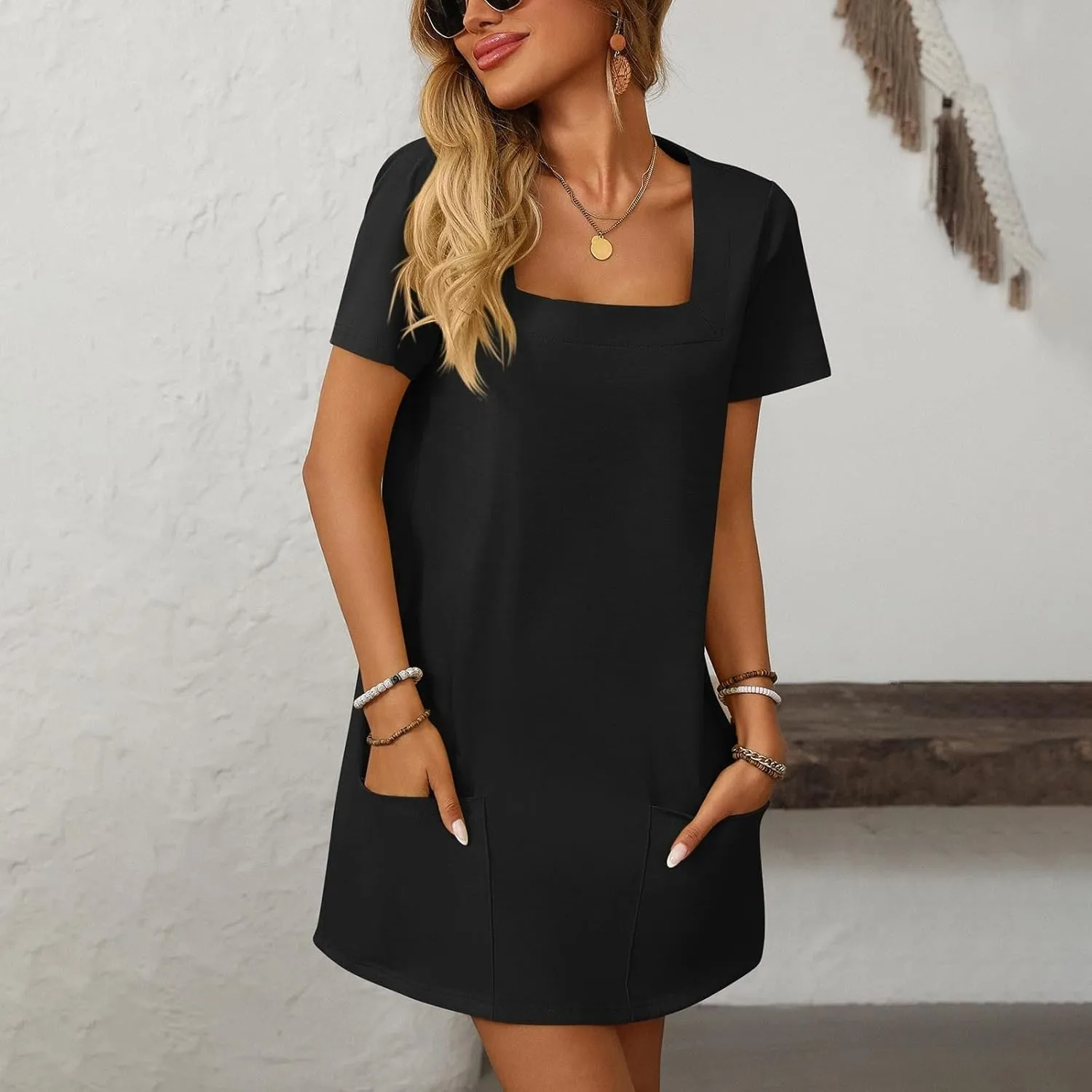 Womens T Shirt Dress Solid Color Casual Summer Square Neck Short Sleeve Mini Dresses Beach Outfits with Pockets 2025