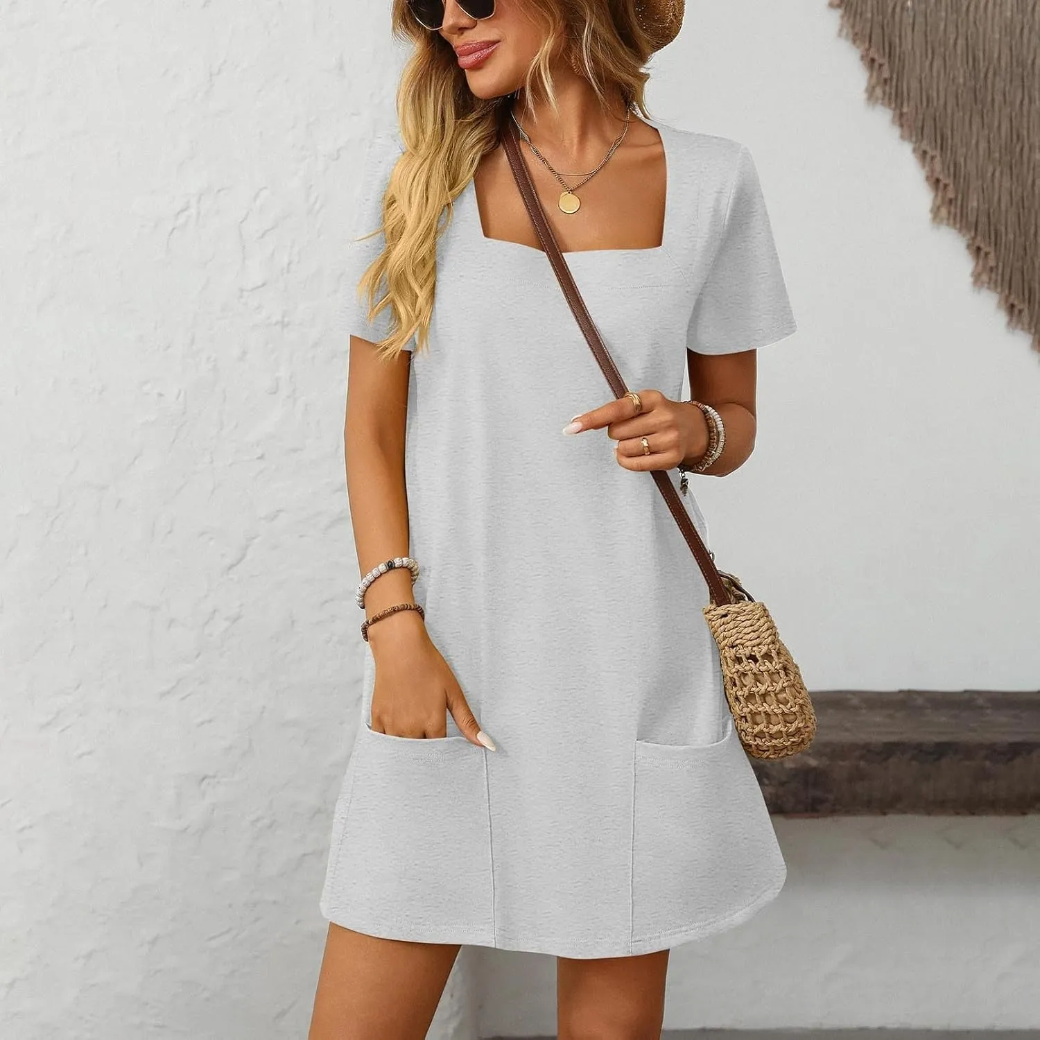 Womens T Shirt Dress Solid Color Casual Summer Square Neck Short Sleeve Mini Dresses Beach Outfits with Pockets 2025