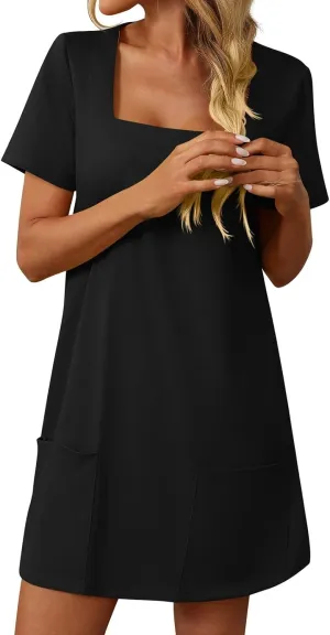 Womens T Shirt Dress Solid Color Casual Summer Square Neck Short Sleeve Mini Dresses Beach Outfits with Pockets 2025