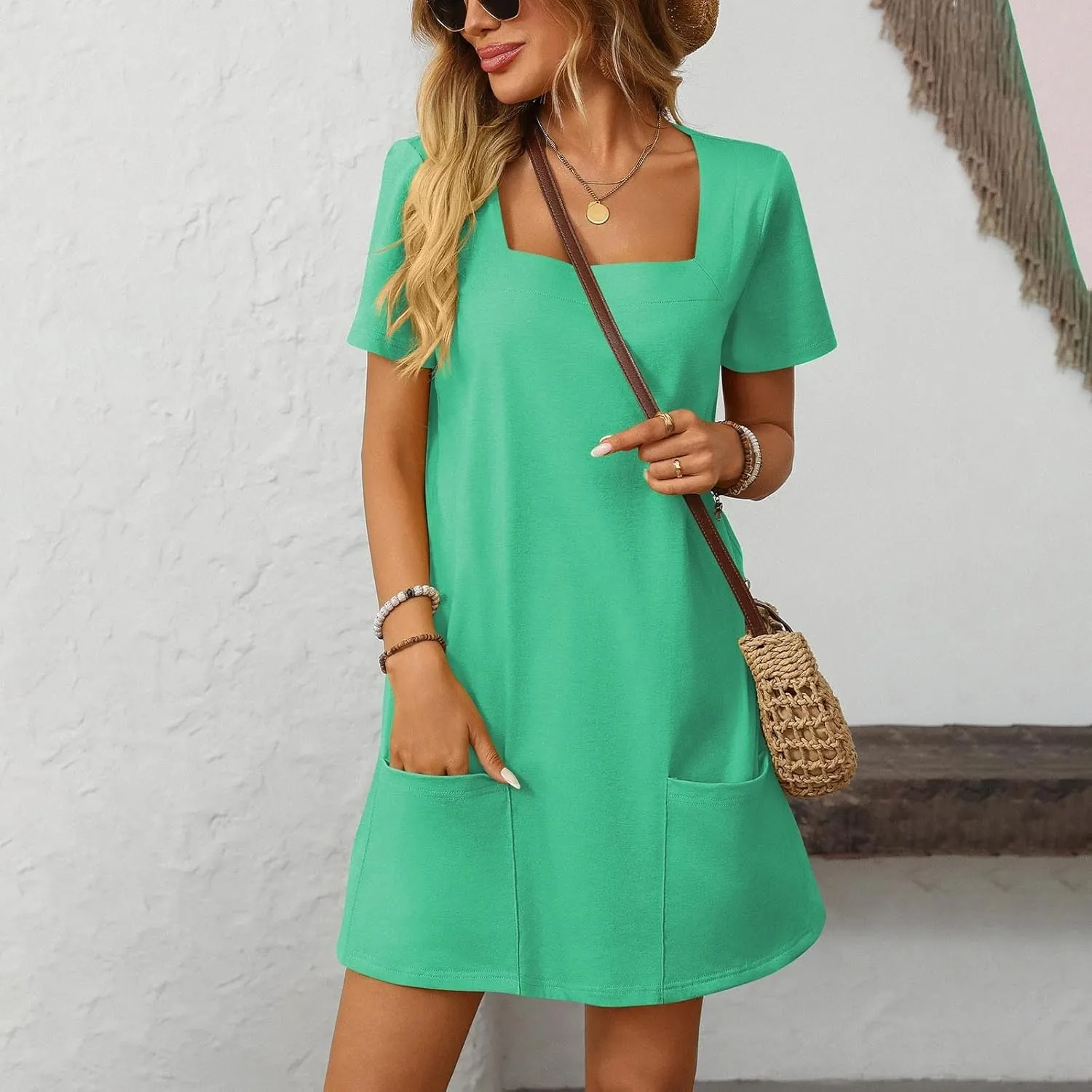 Womens T Shirt Dress Solid Color Casual Summer Square Neck Short Sleeve Mini Dresses Beach Outfits with Pockets 2025