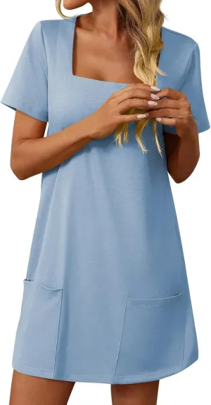 Womens T Shirt Dress Solid Color Casual Summer Square Neck Short Sleeve Mini Dresses Beach Outfits with Pockets 2025