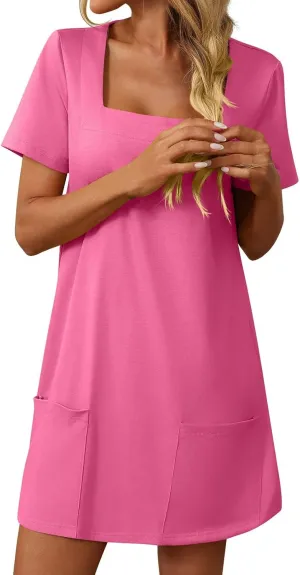 Womens T Shirt Dress Solid Color Casual Summer Square Neck Short Sleeve Mini Dresses Beach Outfits with Pockets 2025