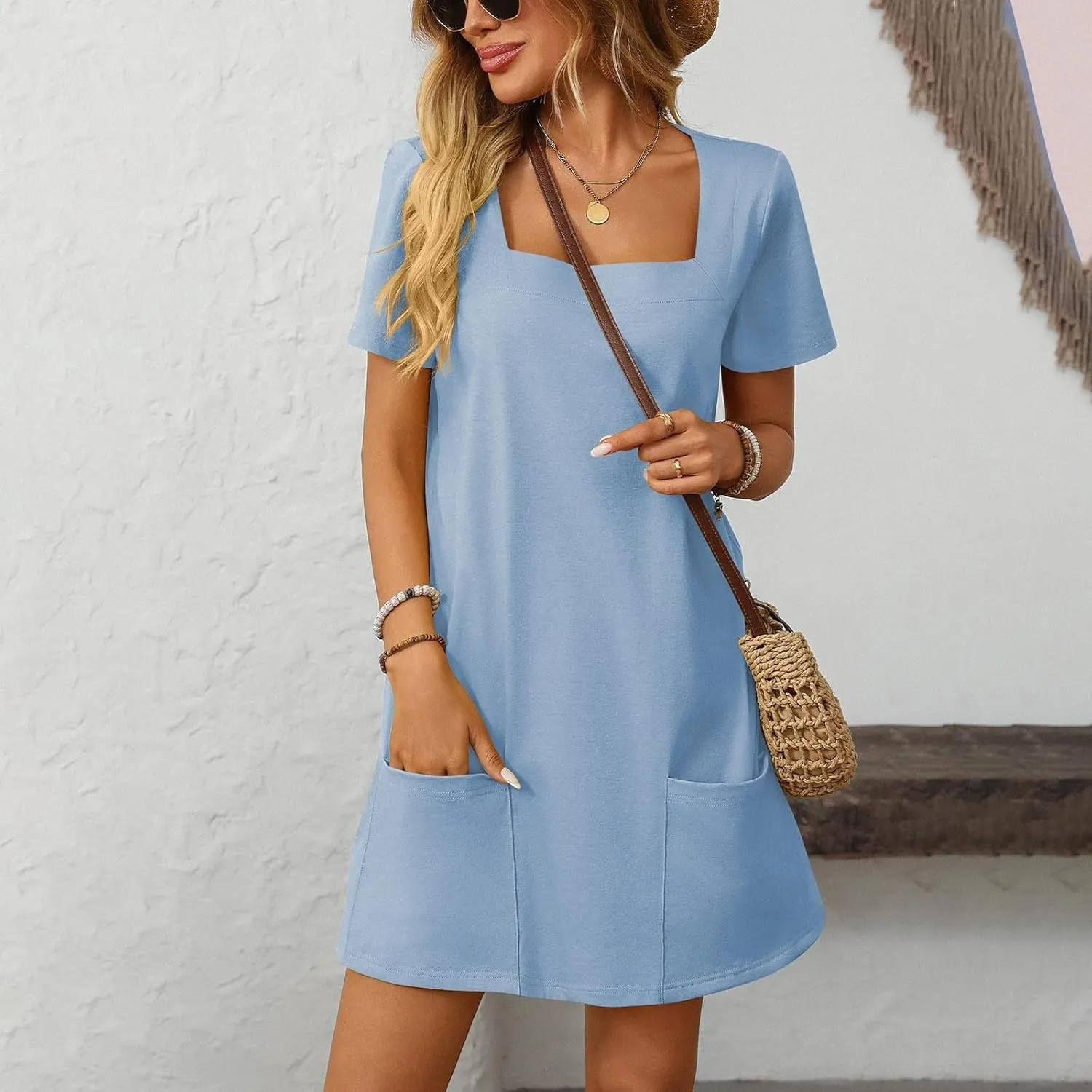 Womens T Shirt Dress Solid Color Casual Summer Square Neck Short Sleeve Mini Dresses Beach Outfits with Pockets 2025