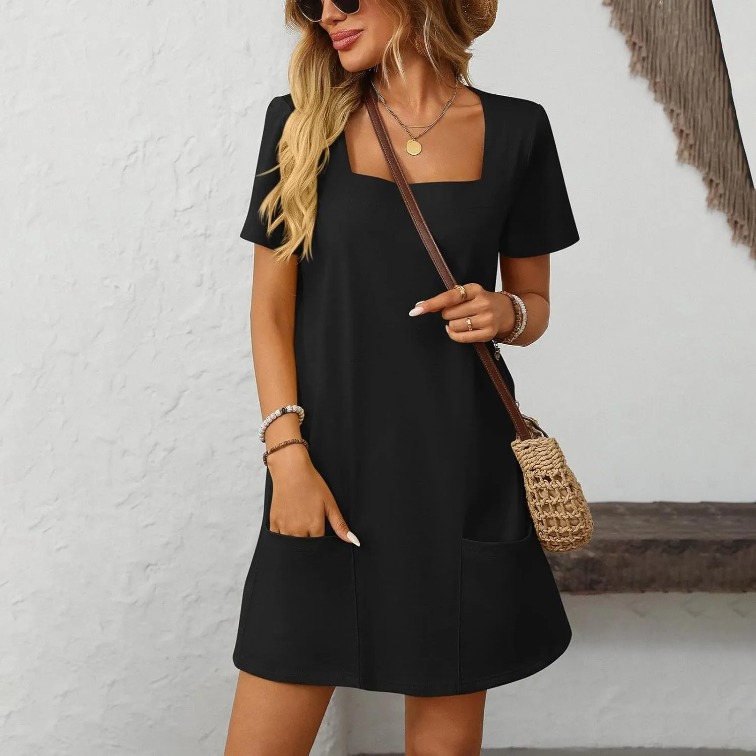 Womens T Shirt Dress Solid Color Casual Summer Square Neck Short Sleeve Mini Dresses Beach Outfits with Pockets 2025