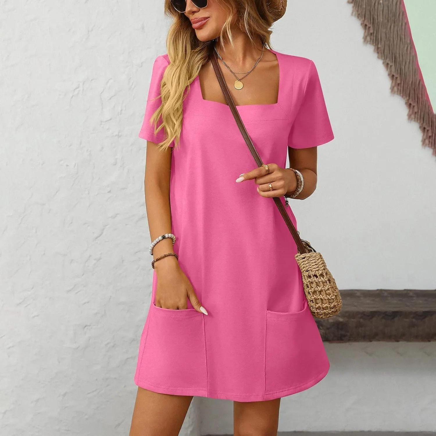 Womens T Shirt Dress Solid Color Casual Summer Square Neck Short Sleeve Mini Dresses Beach Outfits with Pockets 2025