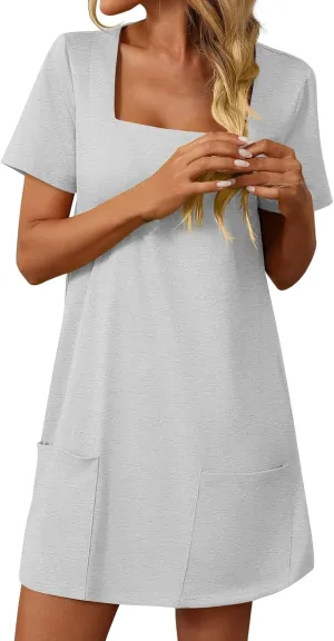 Womens T Shirt Dress Solid Color Casual Summer Square Neck Short Sleeve Mini Dresses Beach Outfits with Pockets 2025